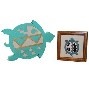 Turtle Wall Art Set w/Painted Wooden Turtle & Ceramic Tile by Tecolote Tiles NM